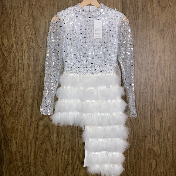 PETITE #126 Silver Sequin White Marabou Feather Split Hem Party Dress XXS XS - Picture 8 of 9